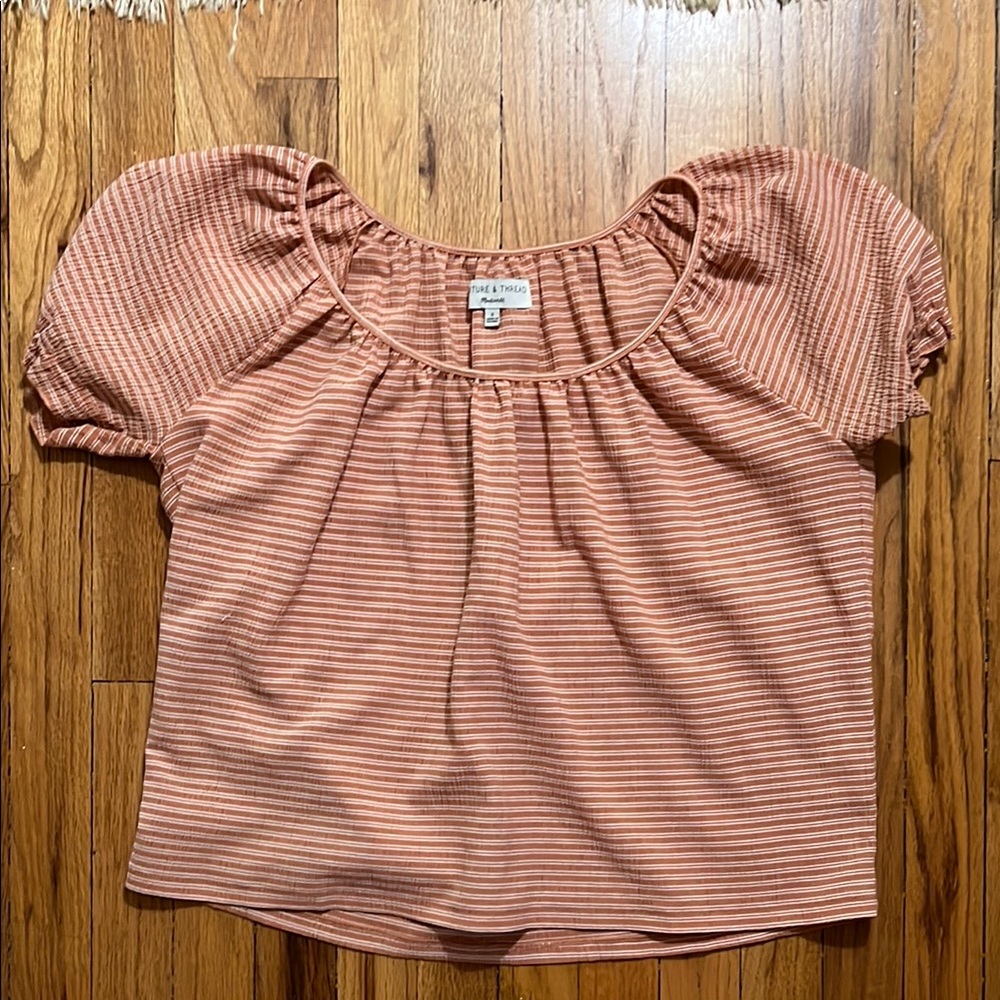 Madewell Coral Striped Puff Sleeve Blouse
